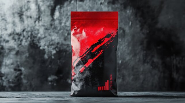 A vibrant, eye-catching chip bag mockup, showcasing a sleek black and red design with a bold graphic, set against a textured background, ready for your brand is unique flavor and personality to shine.