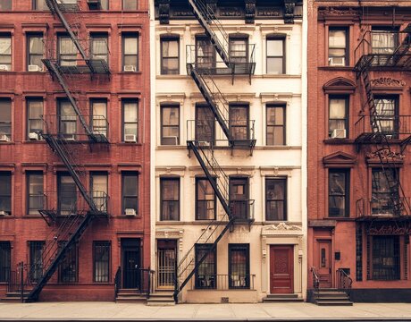 Fototapeta The East Village neighborhood of New York City features old brick apartment buildings as seen from the outside