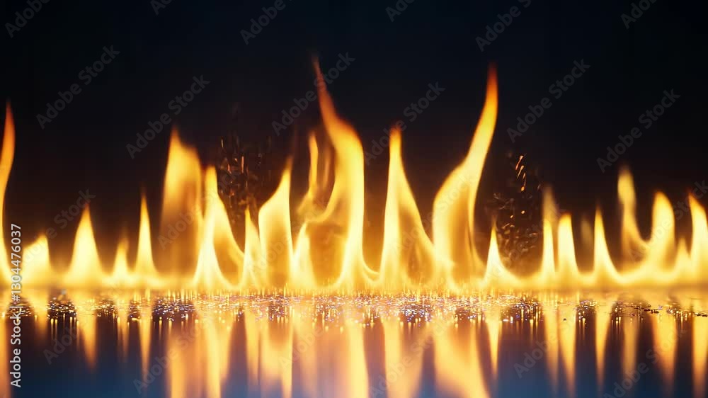 Poster realistic fire flames burning on a reflective surface with a bokeh effect in the background, creatin