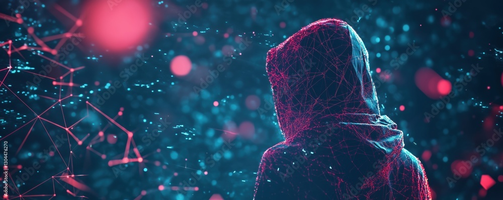 Poster mysterious figure in hoodie surrounded by digital network and abstract data visualization, copy spac