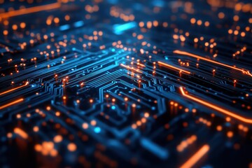 A detailed close-up of a circuit board, symbolizing the digital age, with pathways representing data flow and the integration of artificial intelligence.