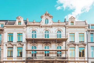 Exterior renovation and reconstruction work is being done on a stately old apartment house