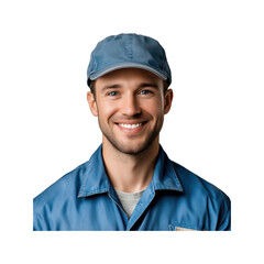 A young, skillful worker dressed in a blue uniform and cap, smiling warmly, exuding professionalism and enthusiasm in his role.