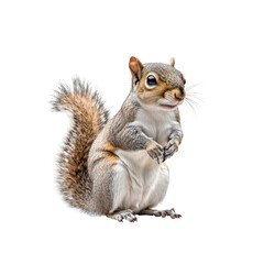Fototapeta premium Squirrel with detailed fur stands upright, showcasing its expressive features and fluffy tail against a clear background.