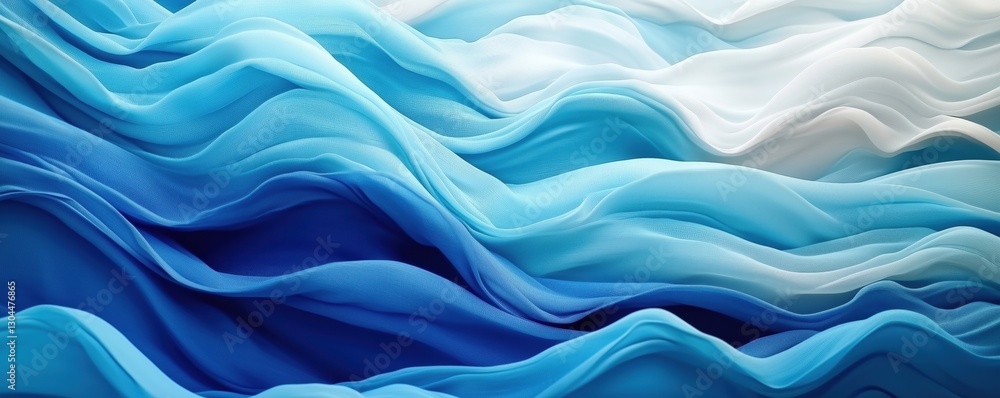 Poster flowing waves of blue and white fabric creating a serene abstract background, copy space for text