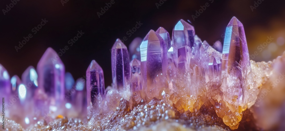 Poster amethyst crystal cluster with vibrant purple hues and sharp points on mineral base, copy space for t