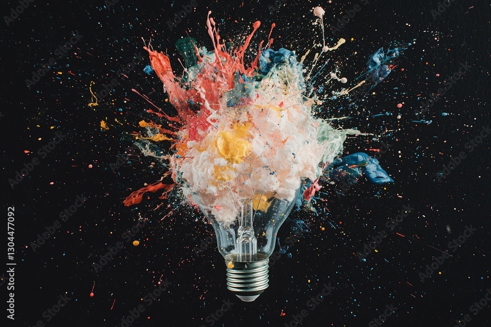 Poster in an abstract and colorful style, the image of a light bulb and its rays conveys the idea of energy
