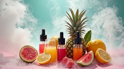 Vaping and tropical fruit. Fruit flavors for electronic cigarettes. Concentrated aroma, nicotine, sweet essence. Image for banners, commercials, advertising.