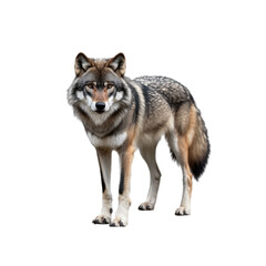Obraz premium Wolf appears in a poised position against a transparent backdrop, highlighting its fur texture and striking gaze, embodying wild elegance.