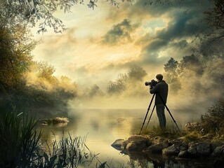 Photographer with a professional camera, capturing a moment in a scenic outdoor location