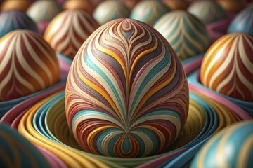 Obraz premium A conceptual digital painting of an abstract Easter celebration, where flowing lines and vibrant hues converge to form hidden egg shapes in a dynamic composition.