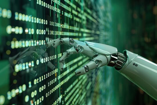 Robotic hand interacting with digital binary code on green background - Powered by Adobe