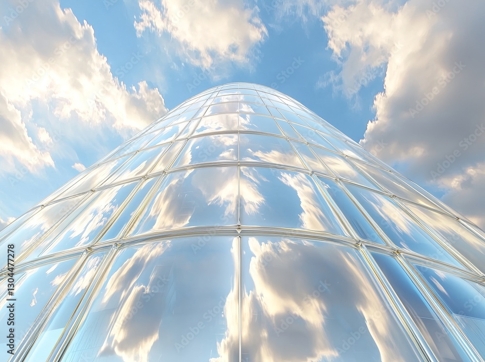Poster the image shows a 3d rendering of a futuristic skyscraper building, characterized by its curved glas
