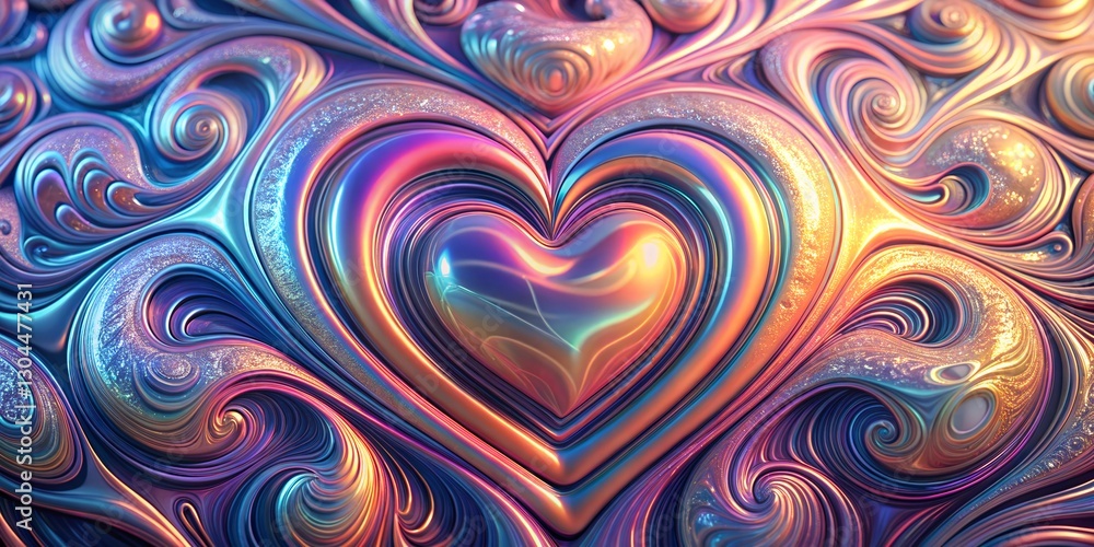 Poster colorful abstract holographic waves creating a mesmerizing heart shape in a dynamic swirl pattern ba
