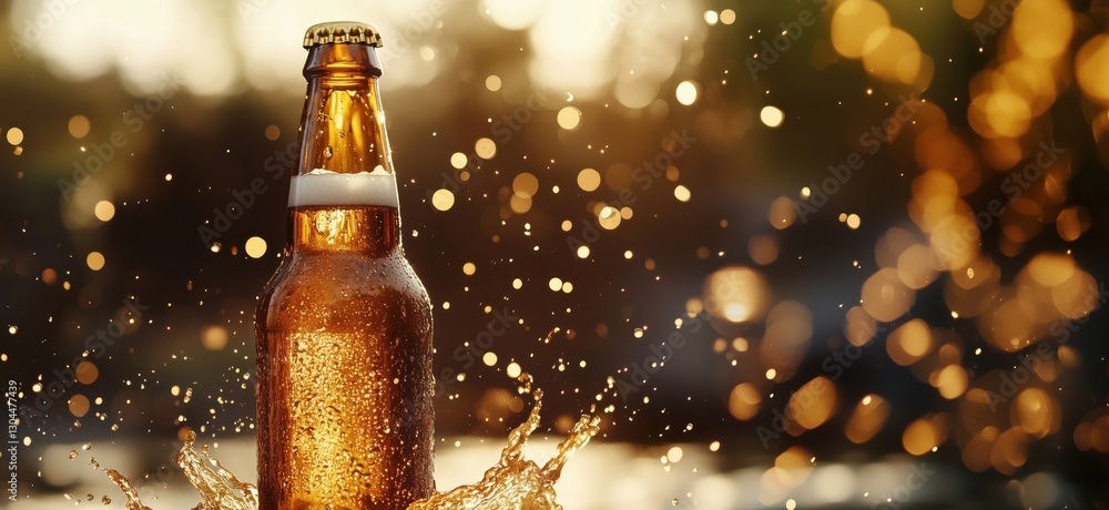 Aufkleber golden beer bottle splashing with bubbles and sparkling background lights, copy space for text