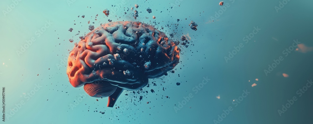 Poster exploding brain concept representing creativity and cognitive processes in digital art, copy space f