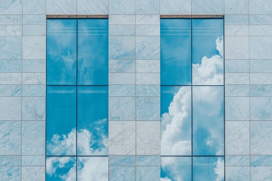 Office building glass wall reflecting the background
