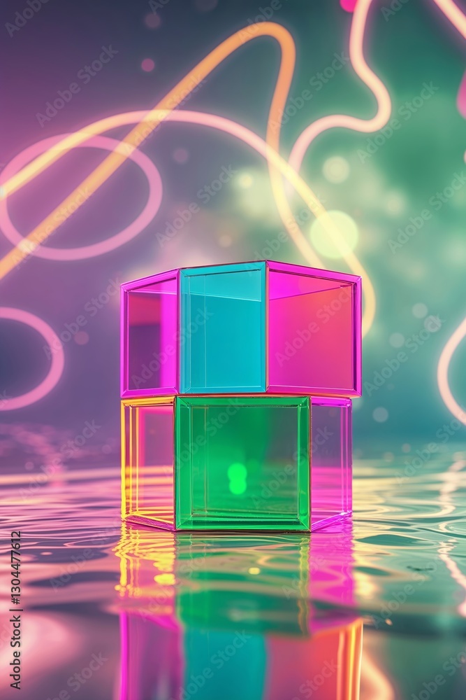 Poster colorful geometric shapes create an engaging visual display reflecting on water with vibrant lights 