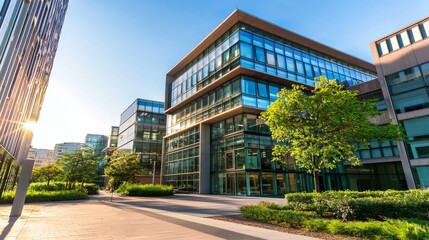 Obraz premium Eco-friendly architecture blends seamlessly with the natural world, as exemplified by a modern glass office building surrounded by lush green trees, its reflection glistening in the sunlight on the
