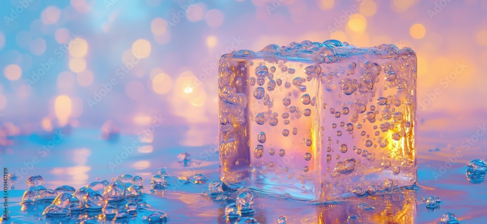 Poster ice cube with bubbles illuminated by colorful lights in a dreamy background, copy space for text
