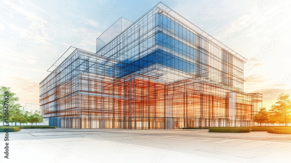 Poster the digital project visualization features a sketch design and a wireframe of the building