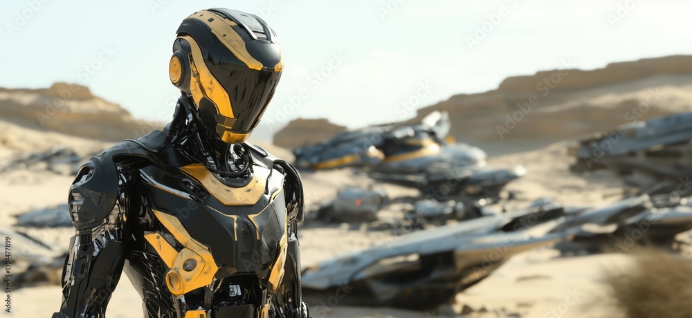 Poster futuristic robot in desert landscape with crashed spaceships in background, copy space for text