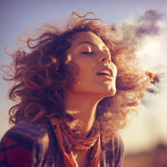 Portrait of a beautiful woman in the light of the sun in summer. Hair parted from a light breeze. A happy woman is enjoying the beautiful weather.