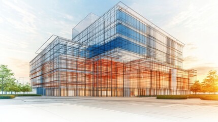 The digital project visualization features a sketch design and a wireframe of the building