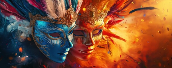 Vibrant carnival masks in blue and orange with feathers and intricate designs, copy space for text