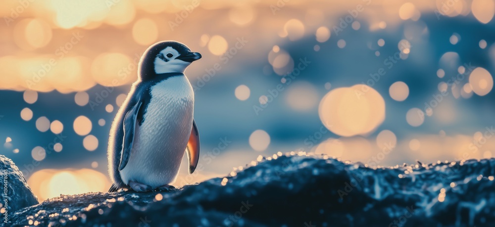 Poster adorable penguin standing on rock with shimmering bokeh background at sunset, copy space for text