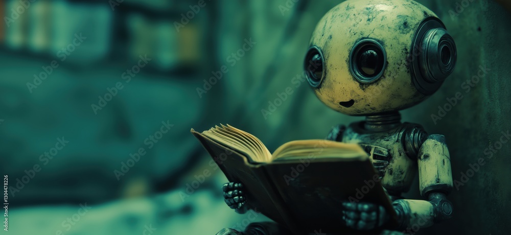 Poster robot reading book in a dimly lit environment with a nostalgic atmosphere, copy space for text
