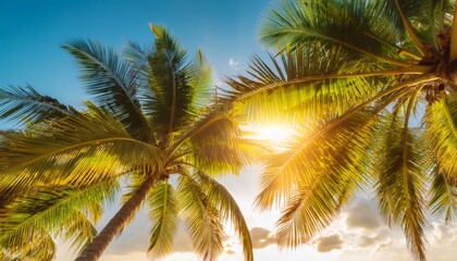 Sunlit tropical palm grove casting shadows against bright azure summer sky