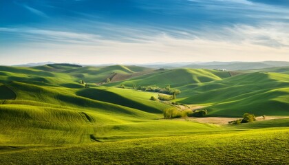 Obraz premium Scenic view of rolling green hills bathed in sunlight under a blue sky, creating a peaceful and idyllic landscape