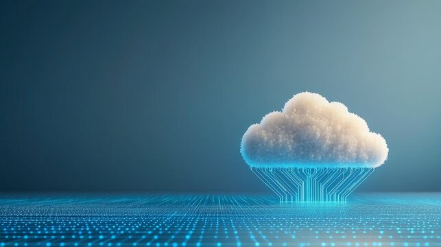 A digital cloud sits atop a glowing grid, representing cloud computing and data flow in a modern tech landscape.