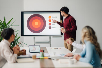 Marketing specialist leading presentation on target market in modern office