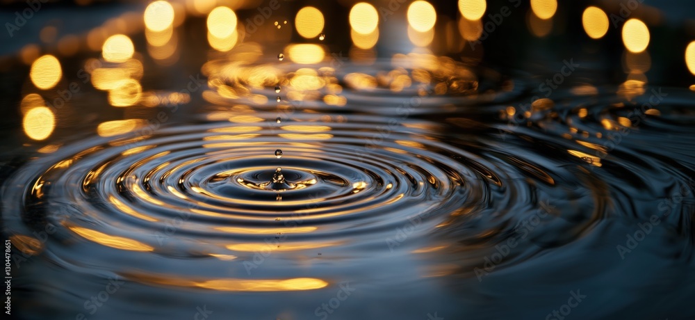 Poster rippling water surface with golden bokeh lights creating a serene atmosphere, copy space for text