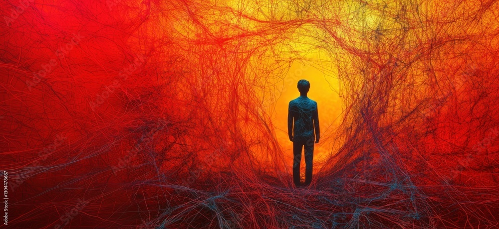 Poster surreal figure standing amidst vibrant web of colors and abstract lines, copy space for text