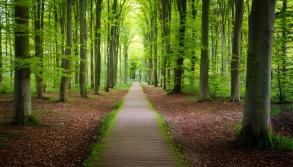 Obraz premium Wooden walkway crossing a green spring beech forest in Leuven, Belgium, creating a beautiful natural tunnel