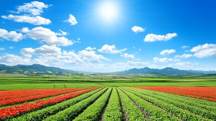 Vibrant Red And Green Flower Field Under Sunny Sky