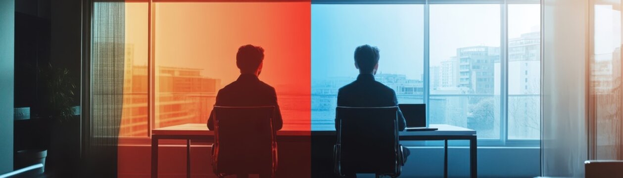 Splitscreen of a distracted vs disciplined worker, visualizing productivity contrast
