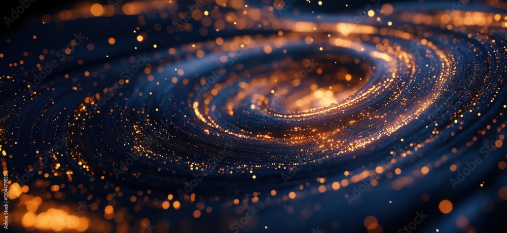 Poster cosmic swirl of golden particles in deep space creating a mesmerizing galaxy effect, copy space for 
