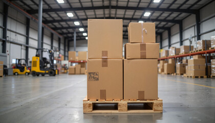 Boxes stacked on wooden pallet in a spacious warehouse, logistics concept