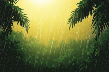 Obraz premium Lush Tropical Jungle with Rainfall and Golden Sunlight Rays