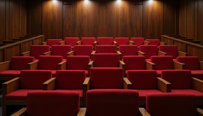 Fototapeta premium Empty jury box with plush red seats in courtroom, legal decorum