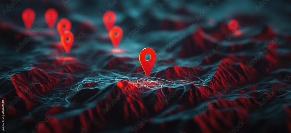 Poster 3d map visualization with red location pins on mountainous terrain, copy space for text