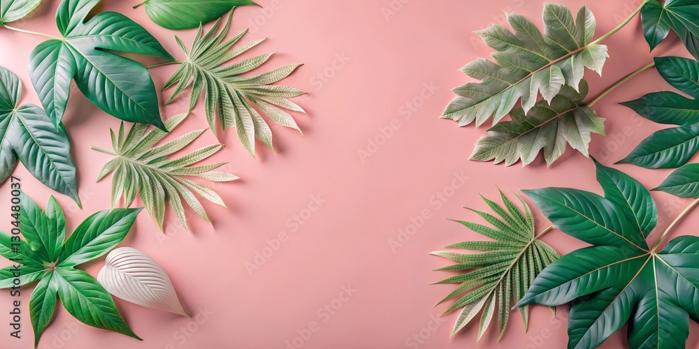 Poster vibrant abstraction with assorted green leaves on a soft pink background creating a harmonious aesth