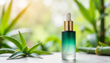 Natural botox serum bottle on marble countertop, beauty concept