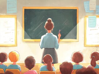Teacher standing in front of a blackboard, holding chalk, in a bright classroom filled with students