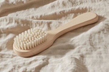 Macro Shot Showcasing the Intricate Details of a Wooden Dish Brush Resting on a Neutral Fabric Background