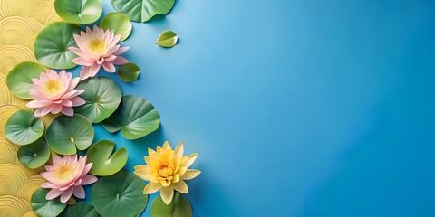 Colorful lotus flowers and green leaves create an abstract background in serene blue tones for aesthetic appeal background, wallpaper, graphic resource, lotus, AI, cover,